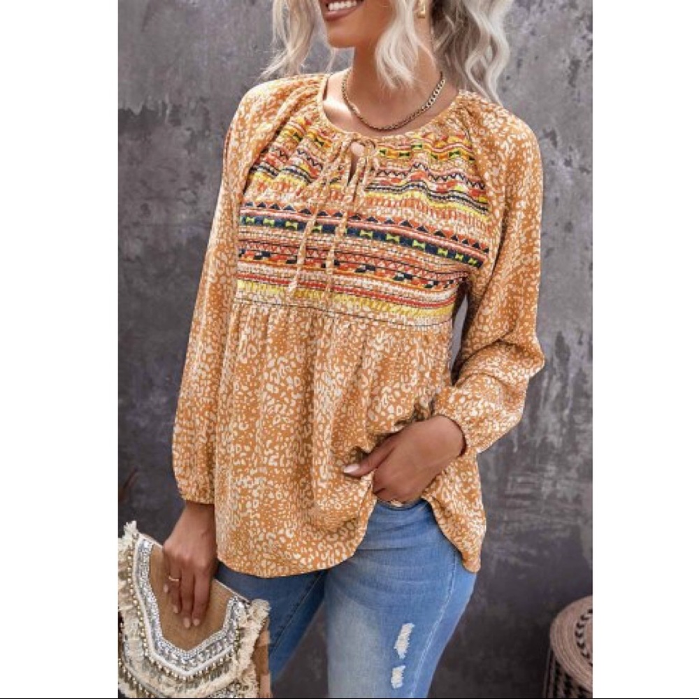 Boho Leopard Print Long Puff Sleeve Blouse